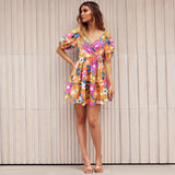 Flower Print V-Neck Lantern-sleeve Summer Dress