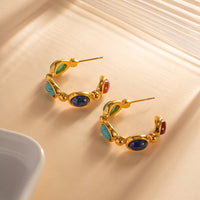 18k Gold Noble Fashion Inlaid Natural Stone C Shape Design Earrings