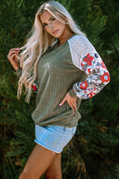 Floral Patchwork Long Sleeve Ribbed Blouse