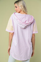 Full Size Striped Short Sleeve Drawstring Hooded Top