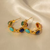 18k Gold Noble Fashion Inlaid Natural Stone C Shape Design Earrings