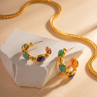 18k Gold Noble Fashion Inlaid Natural Stone C Shape Design Earrings