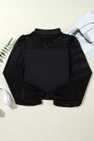 Black Stand Collar Striped Mesh Lantern Sleeve Blouse