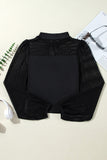 Black Stand Collar Striped Mesh Lantern Sleeve Blouse