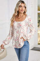 Pink Floral Print Pleated U Neck Loose Fit Blouse