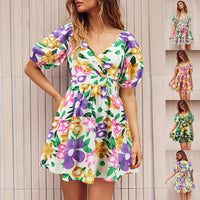 Flower Print V-Neck Lantern-sleeve Summer Dress