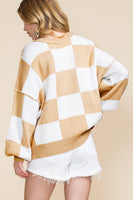 Pink Checked Bishop Sleeve Pullover Sweater