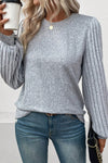 Gray Solid Color Contrast Ribbed Bishop Sleeve Top