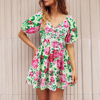 Flower Print V-Neck Lantern-sleeve Summer Dress