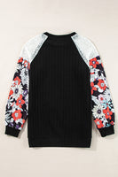 Floral Patchwork Long Sleeve Ribbed Blouse