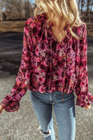 Rose Red Floral Allover Print Drawstring Ruffled V Neck Loose Blouse