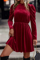 Dahlia Velvet Frilled Neck Gigot Sleeve Swing Dress in Red or Brown