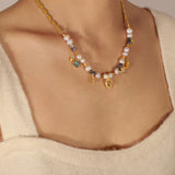 18K Gold Exquisite and Noble Love/Water Drop Inlaid Zircon and Pearl Design Necklace