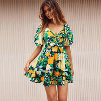 Flower Print V-Neck Lantern-sleeve Summer Dress