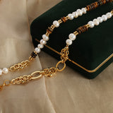 18K Gold Luxury Retro Tiger Eye Stone With Pearl Beading Design Palace Style Necklace