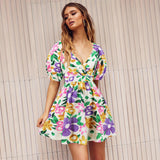 Flower Print V-Neck Lantern-sleeve Summer Dress