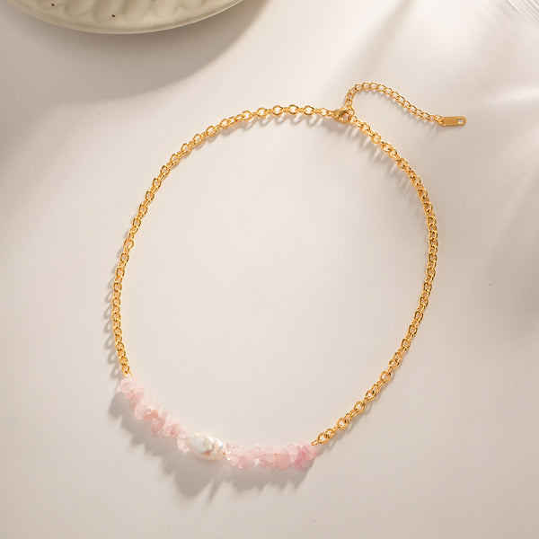 18K Gold Exquisite Fashion Inlaid Rose Quartz Baroque Pendant Design, Necklace and Bracelet (SOLD SEPARATELY)