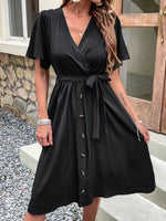 Women's Woven V Neck Short Sleeve Midi Dress