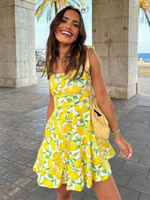 New Fashion Lemon Print Suspender Dress