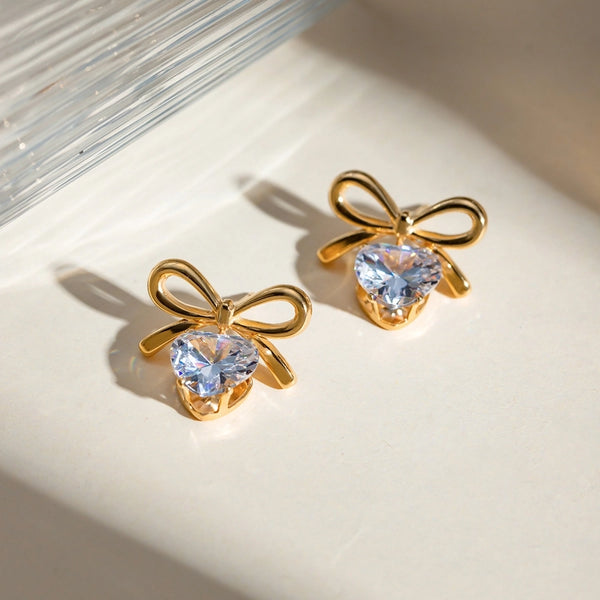 Elegant Lady Sweet Heart Shape Bow Knot 18K Gold Plated Ear Studs