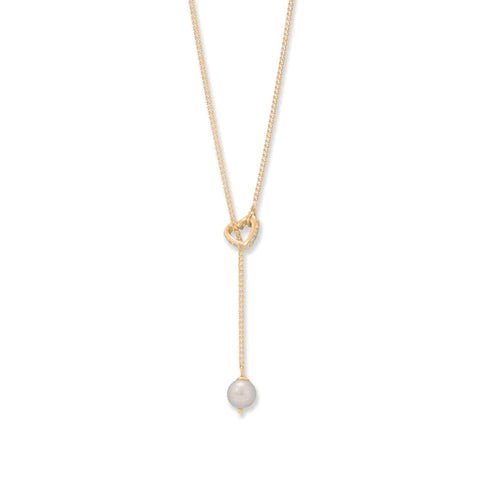 14 Karat Gold Plated Cultured Freshwater Pearl and CZ Heart Lariat Necklace - Brier Hills