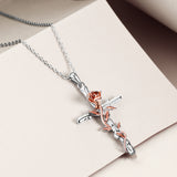 Sterling Silver Rose Gold Plated Cross Pendant Necklace with Rose Flower - Brier Hills