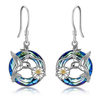 Sterling Silver Hummingbird Daisy Flower Dangle Drop Earrings with Blue Circle Crystal - Brier Hills