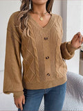 Cable-Knit Button Look V-Neck Sweater