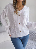 Cable-Knit Button Look V-Neck Sweater