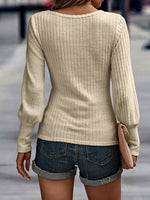 Ribbed Round Neck Lantern Sleeve Knit Top