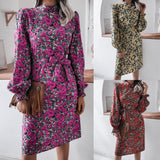 Autumn And Winter Floral Stand-Up Collar Lantern Long-Sleeved Chiffon Dress - Brier Hills