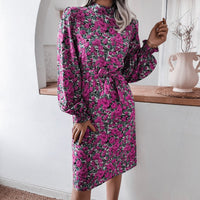 Autumn And Winter Floral Stand-Up Collar Lantern Long-Sleeved Chiffon Dress - Brier Hills