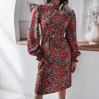 Autumn And Winter Floral Stand-Up Collar Lantern Long-Sleeved Chiffon Dress - Brier Hills