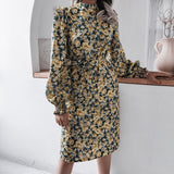 Autumn And Winter Floral Stand-Up Collar Lantern Long-Sleeved Chiffon Dress - Brier Hills