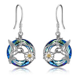 Sterling Silver Hummingbird Daisy Flower Dangle Drop Earrings with Blue Circle Crystal - Brier Hills