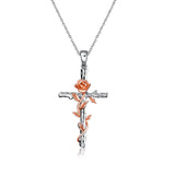 Sterling Silver Rose Gold Plated Cross Pendant Necklace with Rose Flower - Brier Hills