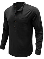 Men's Woven Solid Color Long-Sleeved Cotton and Linen Shirt