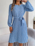 Women's Casual Long-Sleeved Floral Large Hem Pleated Dress